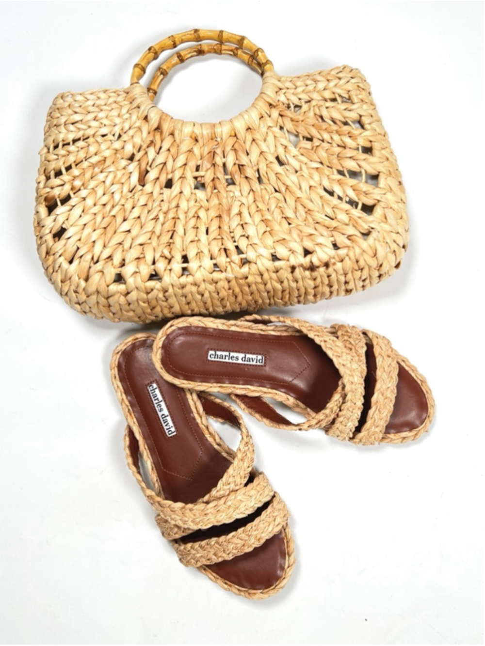 Charles David Sandals Slides Beige Woven Straw Sandals Size 7.5 Resort